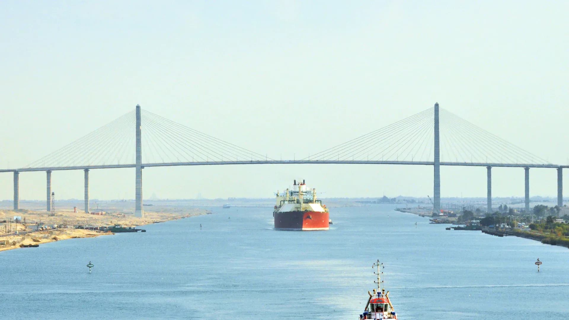 A tanker passing through the Suez Canal beneath the Peace Bridge