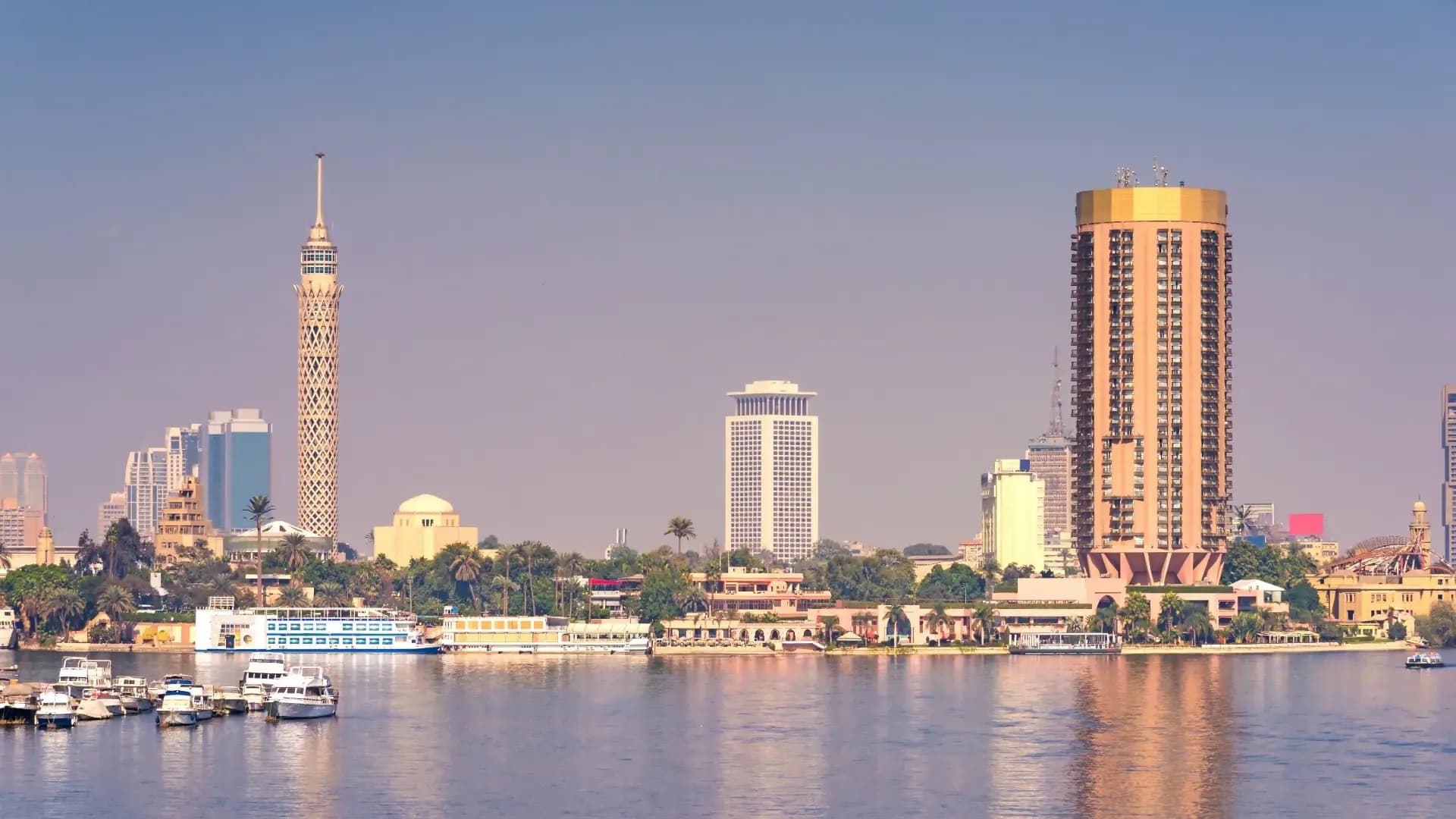Cairo skyline from the Nile with Cairo Tower, hotels and office buildings
