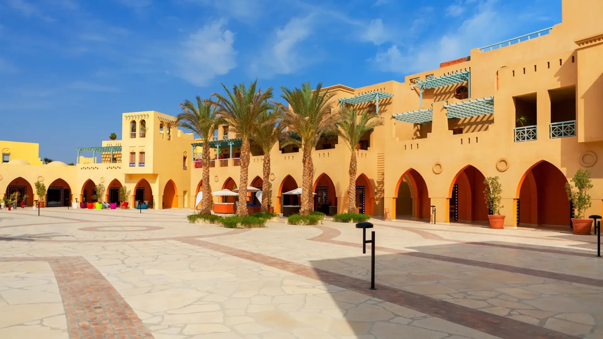 Shops and cafés under the arcades of a square in El Gouna, Egypt