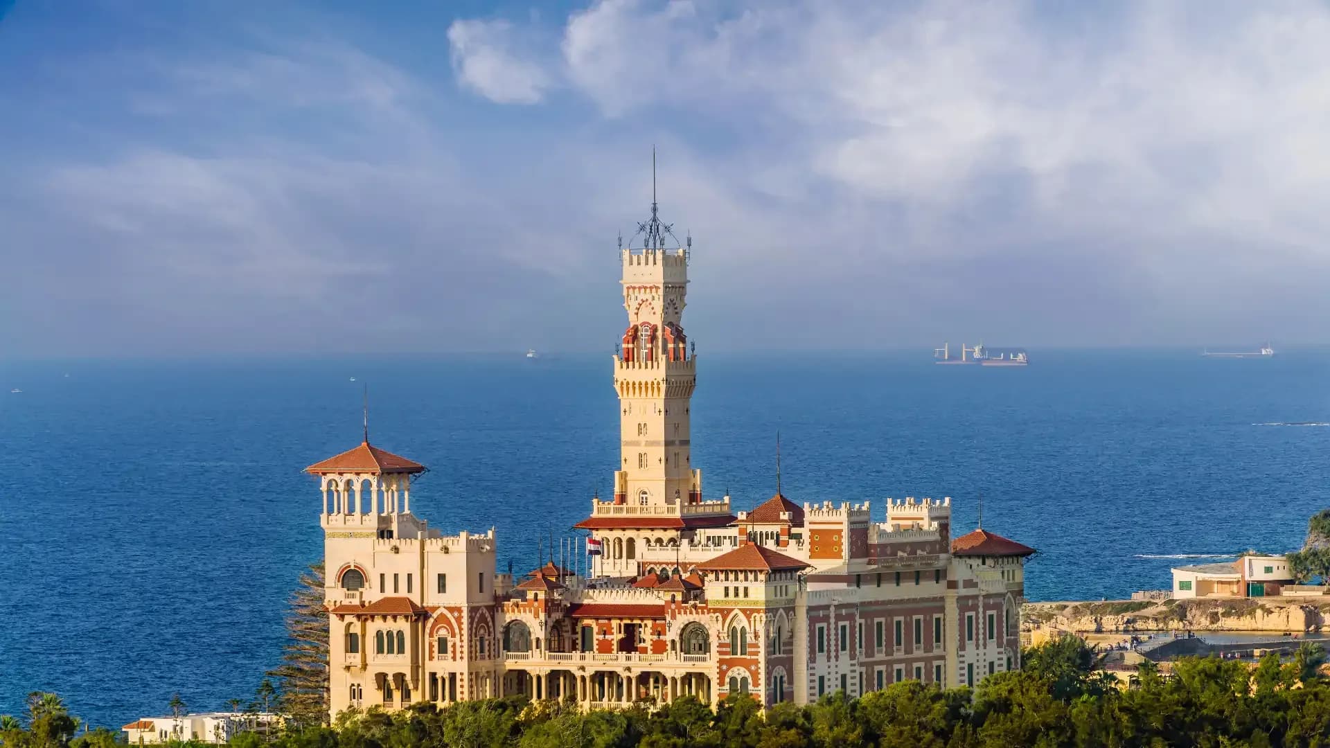 Montaza Palace and its tower above the Mediterranean in Alexandria