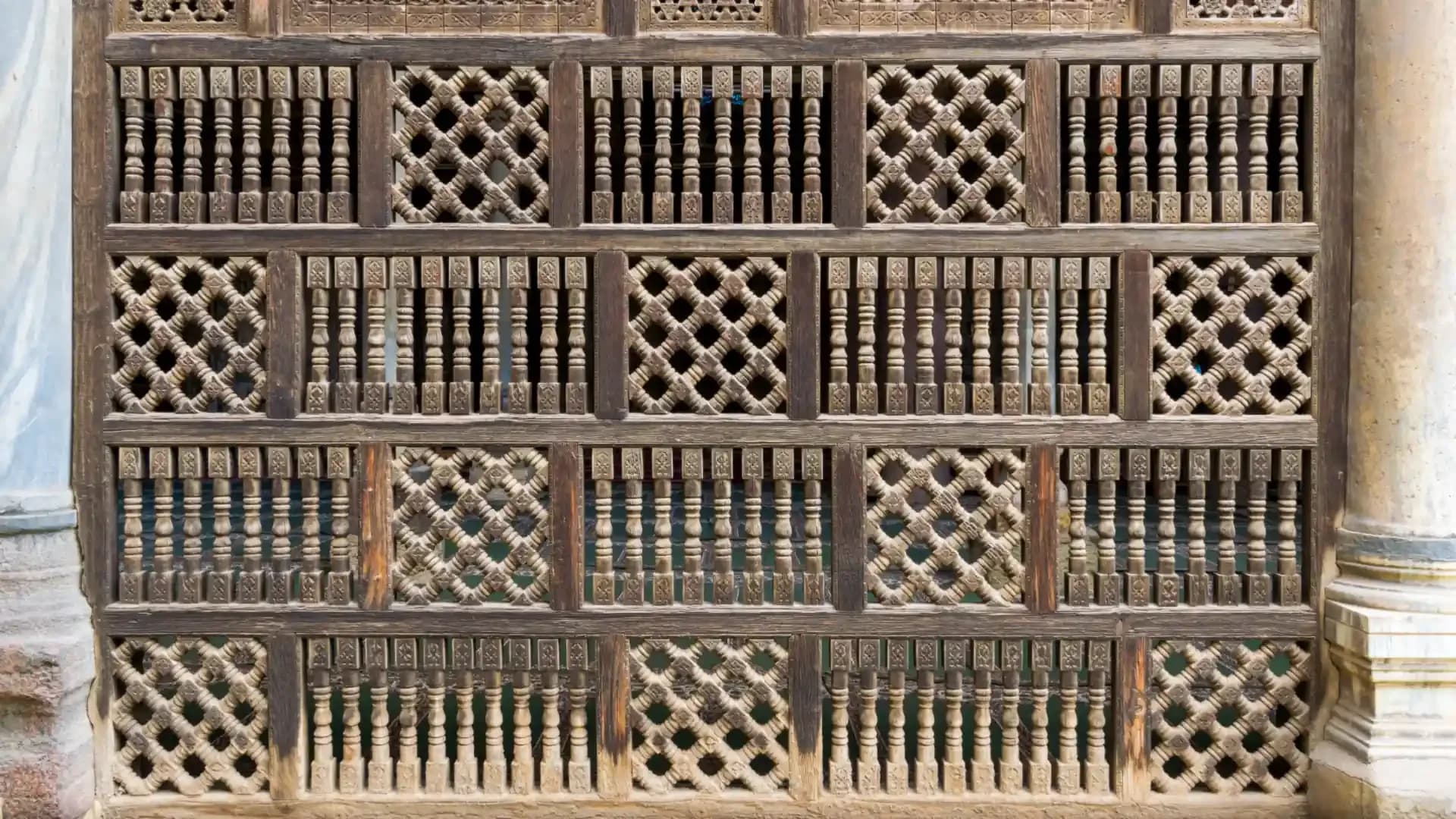 A carved wooden mashrabiya screen in Cairo