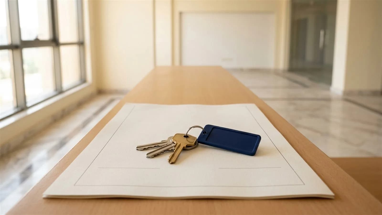 Shop keys with a blue tag on a lease contract in an empty retail space