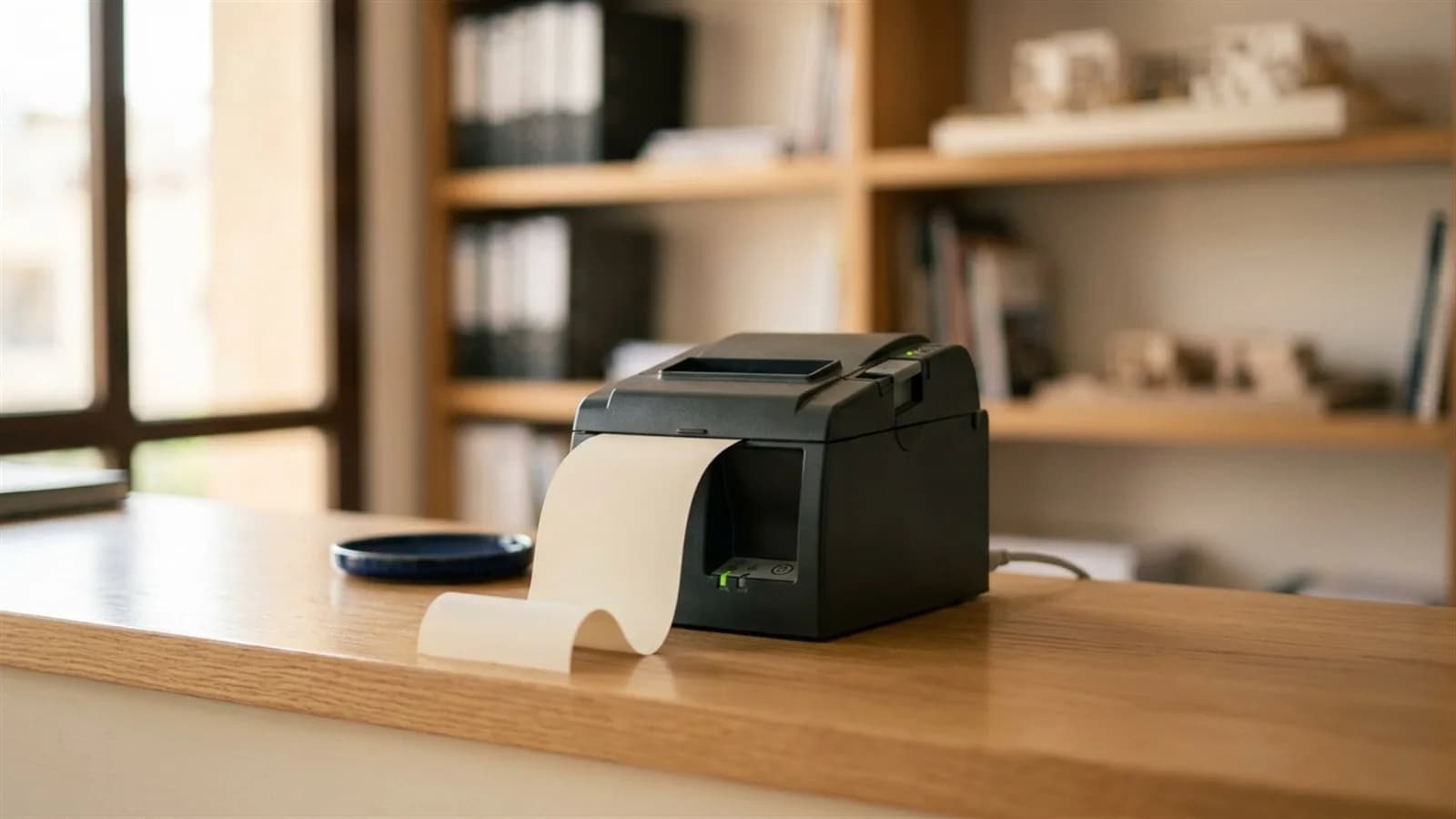 A receipt printer on a shop counter with a paper receipt curling out of it