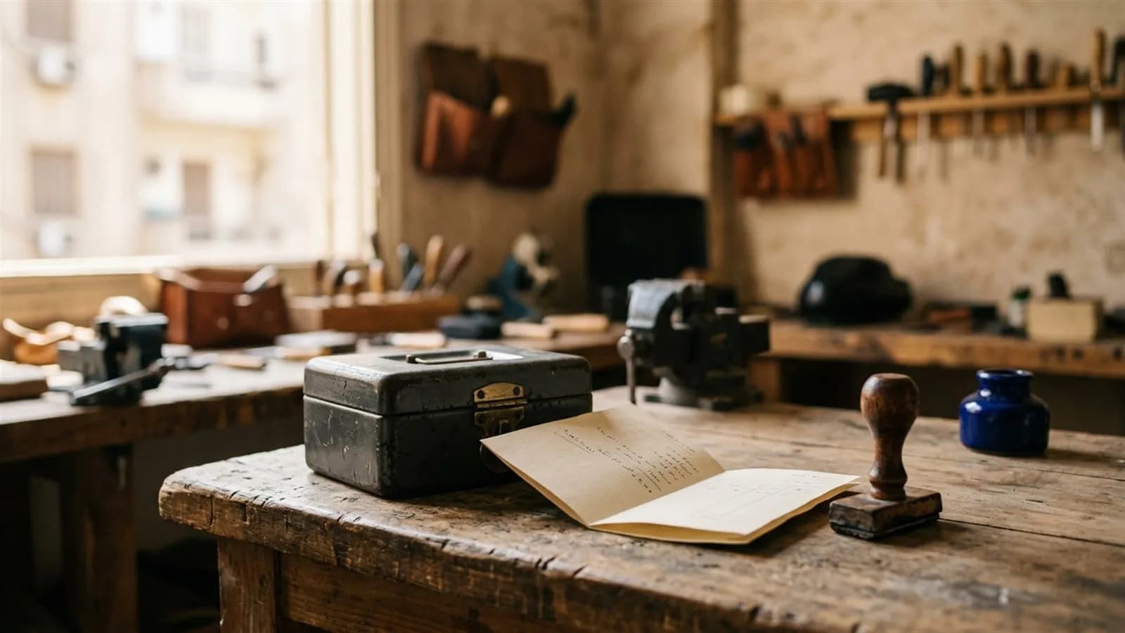 A metal cash box, a folded form and a wooden-handled stamp on a craftsman's workbench
