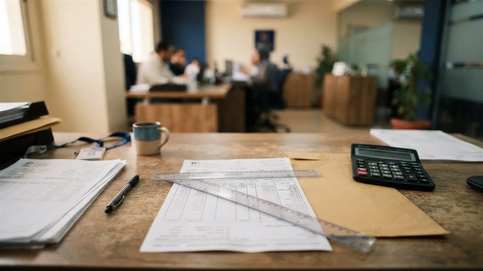 A payslip under a ruler marking a ceiling line, beside a pay envelope and a calculator on an HR desk
