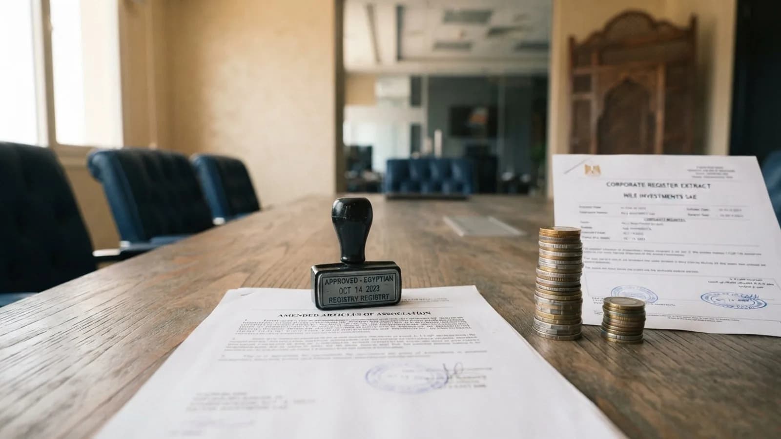 A stamped company document on a boardroom table beside stacks of coins of different heights