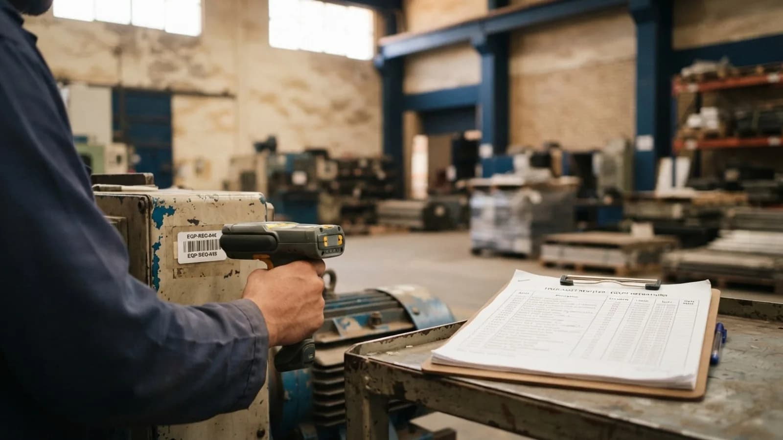 A hand scanning an asset tag on factory machinery with a fixed-asset register on a clipboard