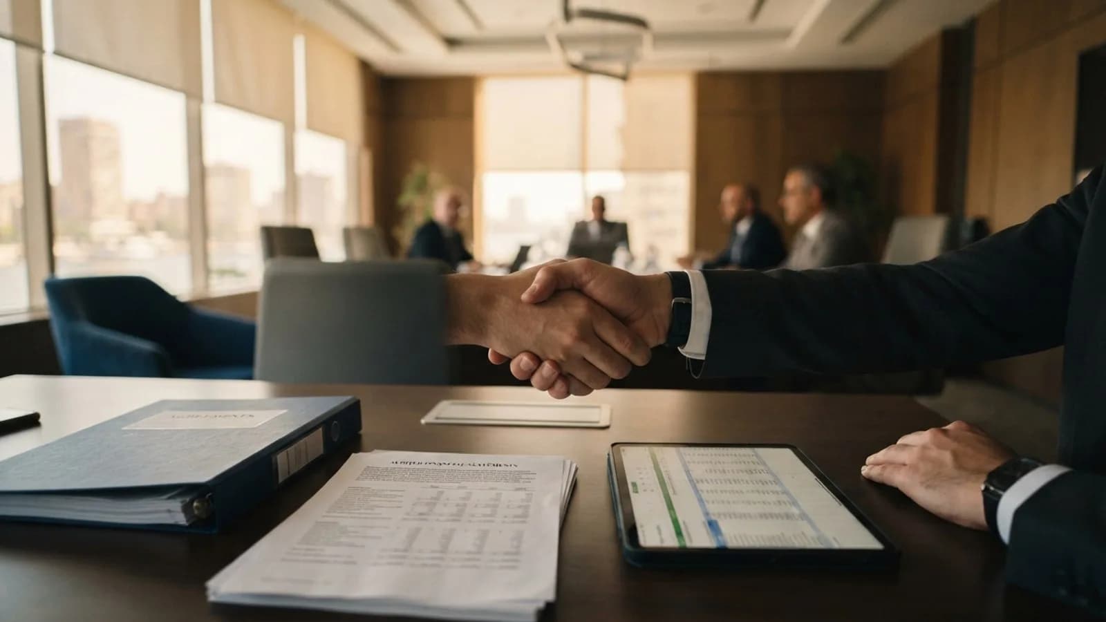 A handshake over a binder of financial statements and a tablet in a boardroom