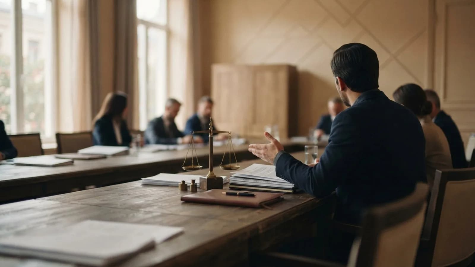 An advisor from behind presenting files to a committee at a long table with a brass scale