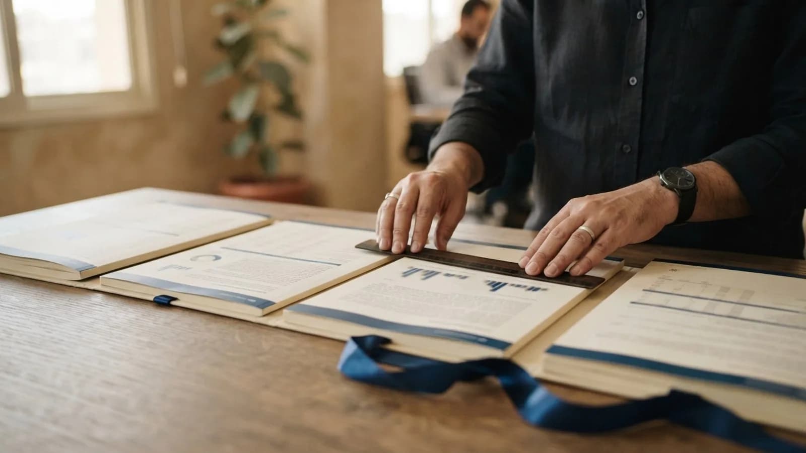 Hands arranging bound financial statement sections on a desk with a blue ribbon