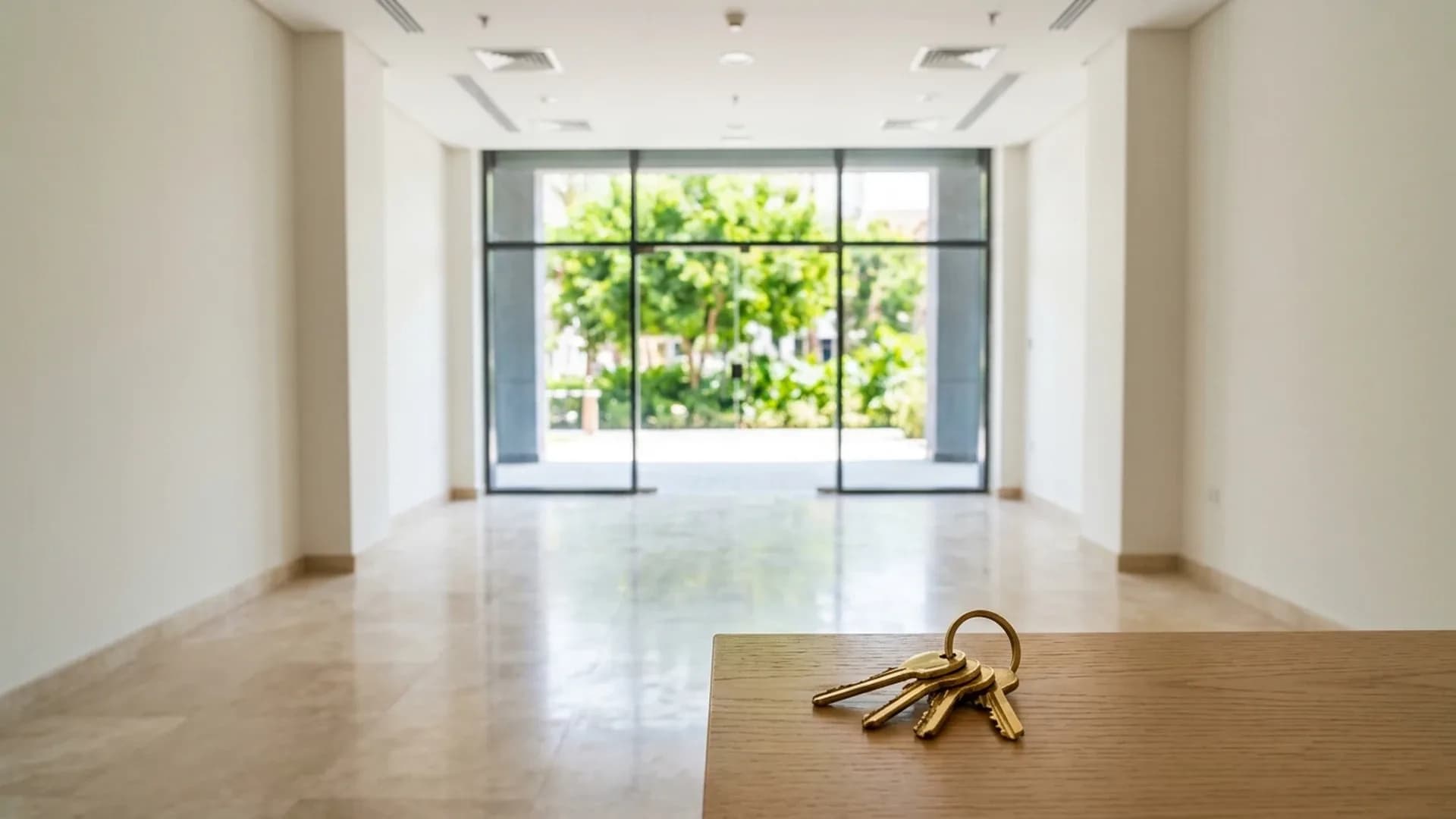 Keys on a wooden counter in an empty shop unit with a glass front