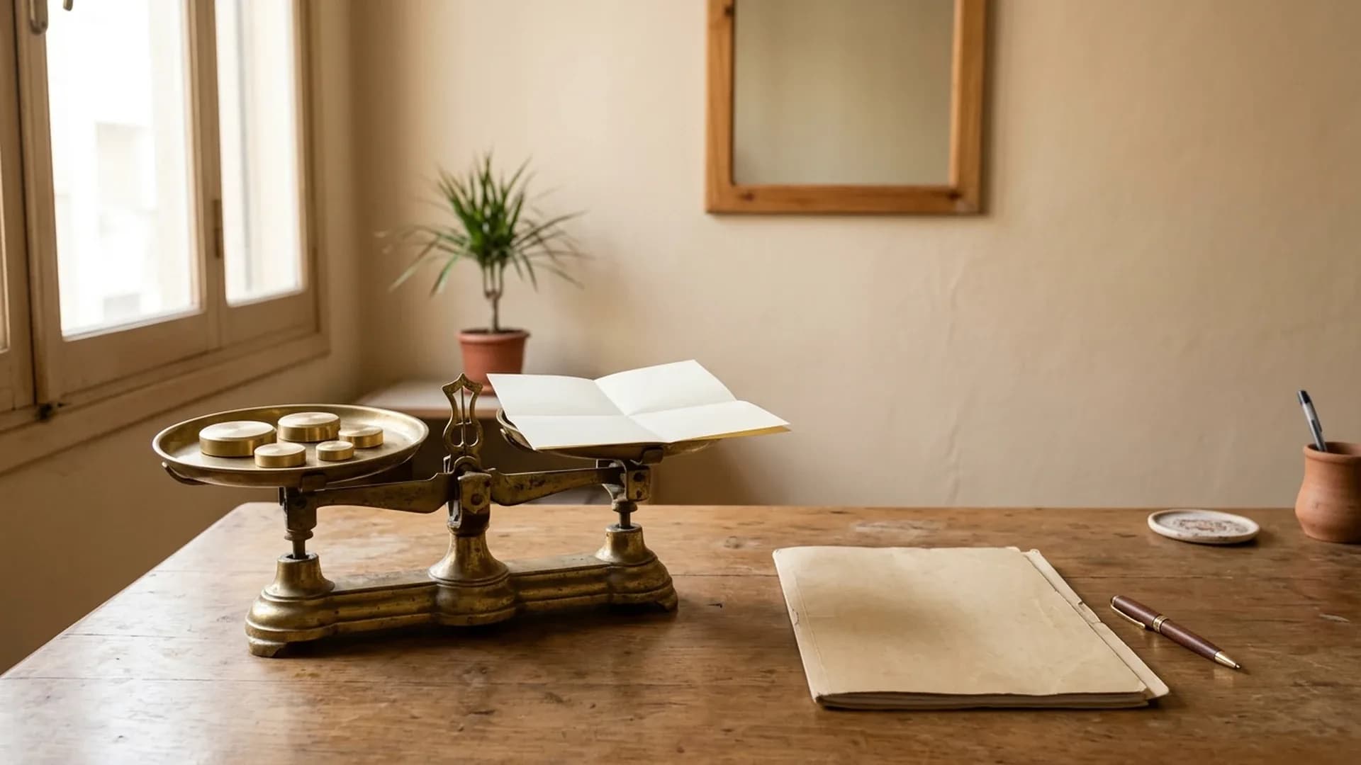 A brass balance with coins in one pan and a sheet of paper on the other, beside a folder and a pen on a wooden table