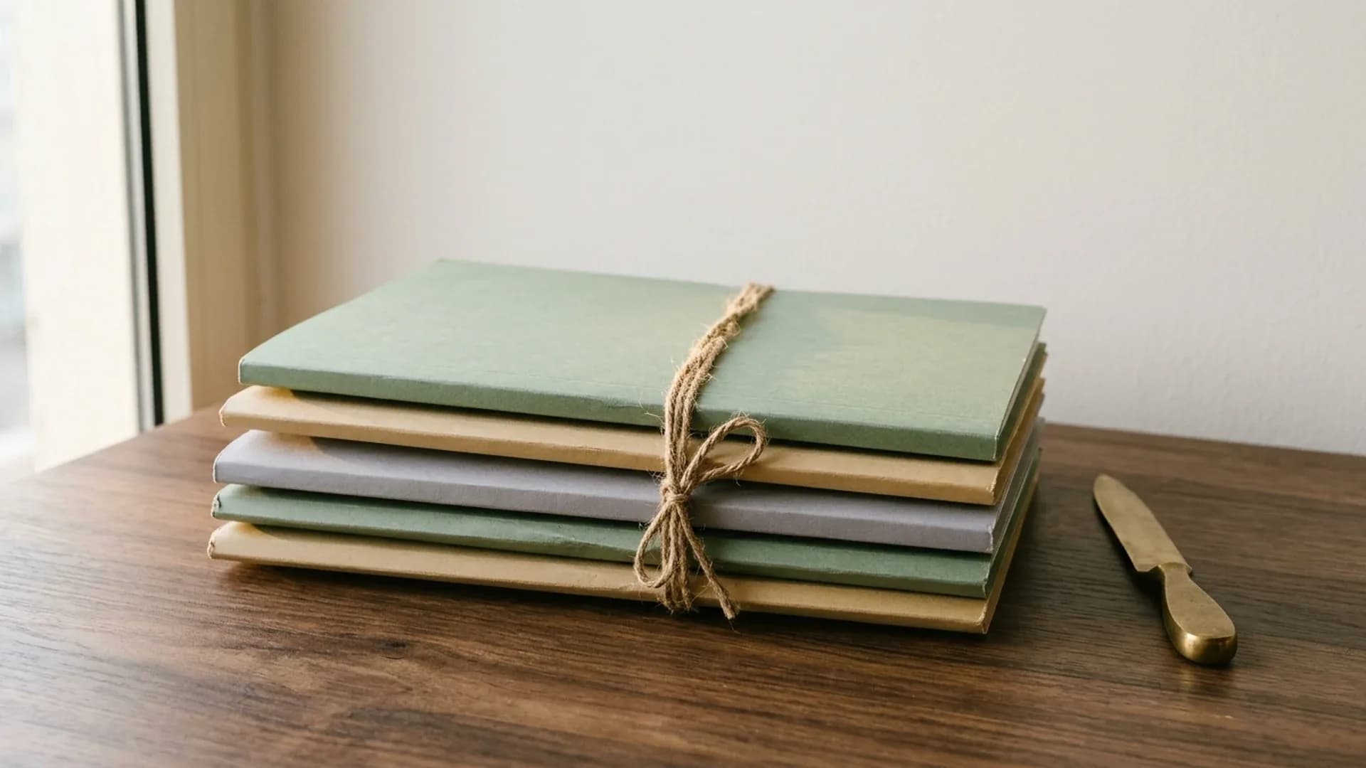 A bundle of coloured folders tied with string, beside a brass letter opener on a wooden desk