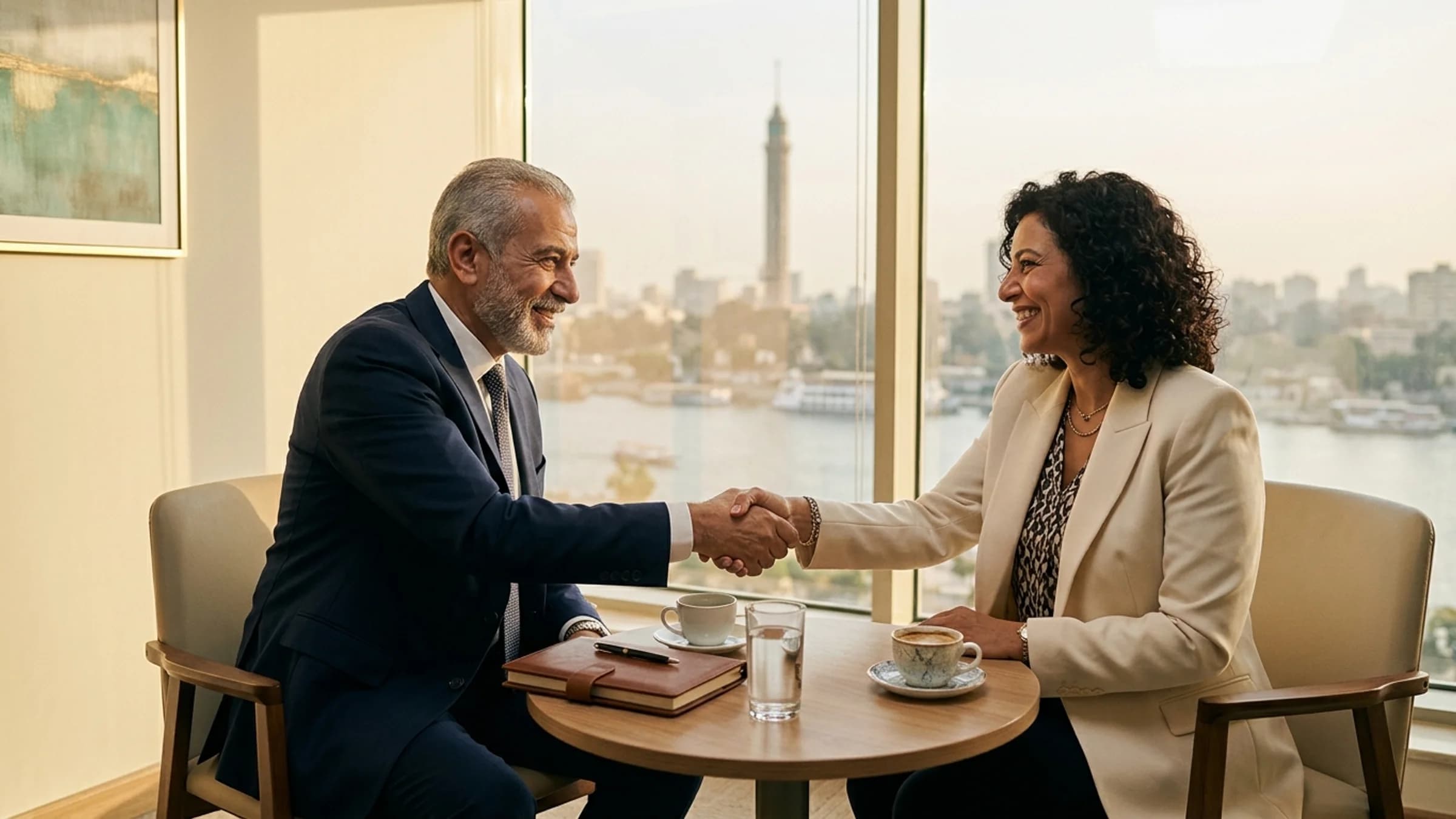 A partner shaking hands with a client in a Cairo meeting room