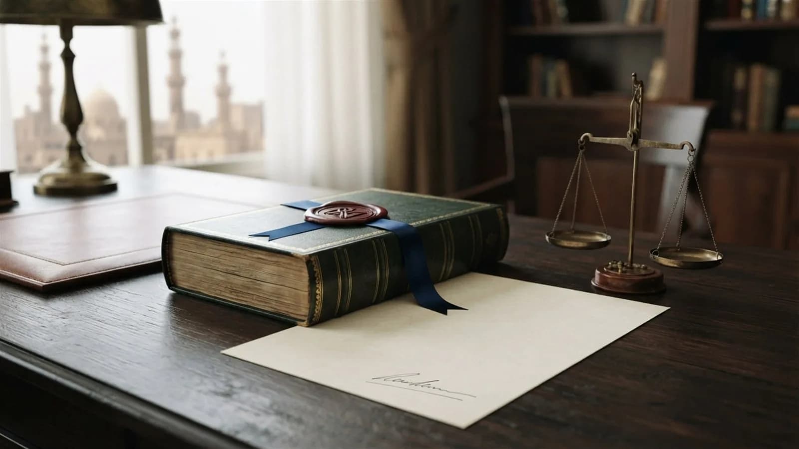 مجلد لائحة بختم شمع وميزان نحاسي وورقة موقعة على مكتب خشبي