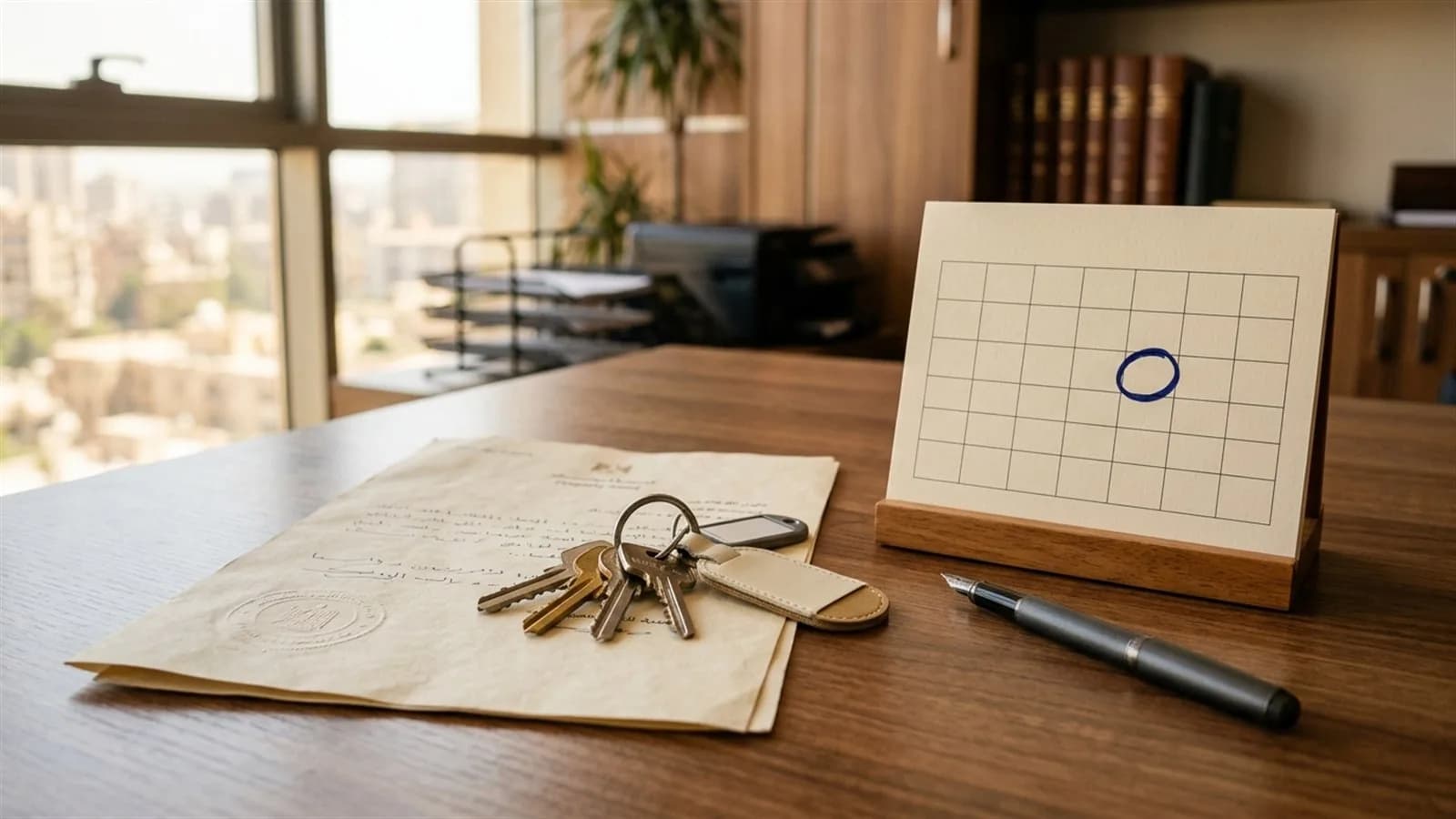 مفاتيح منزل على عقد ملكية مختوم بجانب نتيجة مكتب عليها يوم محاط بدائرة زرقاء