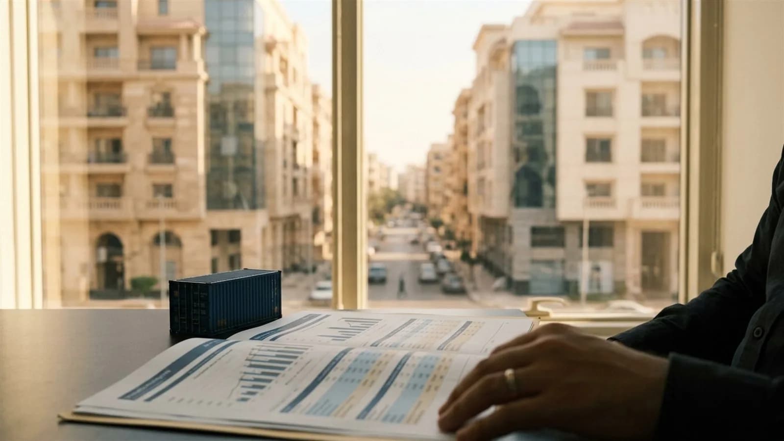 ملف تسعير معاملات ومجسم حاوية شحن على مكتب أمام نافذة تطل على مبانٍ مكتبية في شارع بالقاهرة