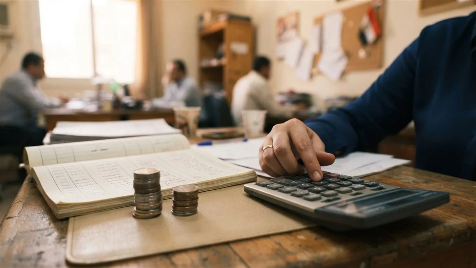 سجل مرتبات وكومتان من العملات بارتفاعين مختلفين وآلة حاسبة على مكتب مسؤول الأجور