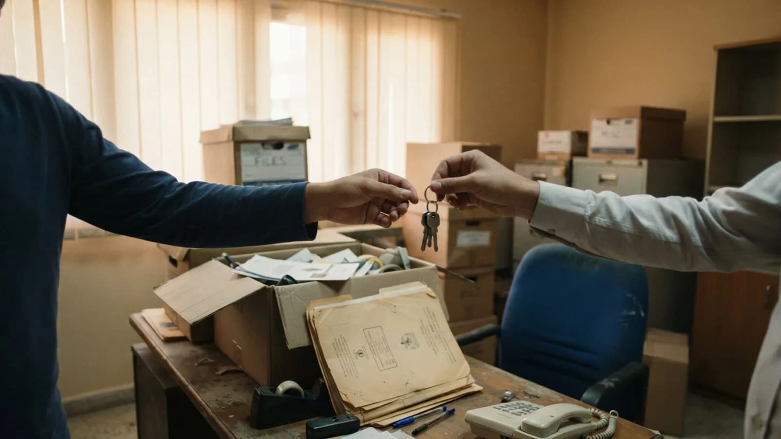 Office keys handed over between two hands in an office being packed into boxes