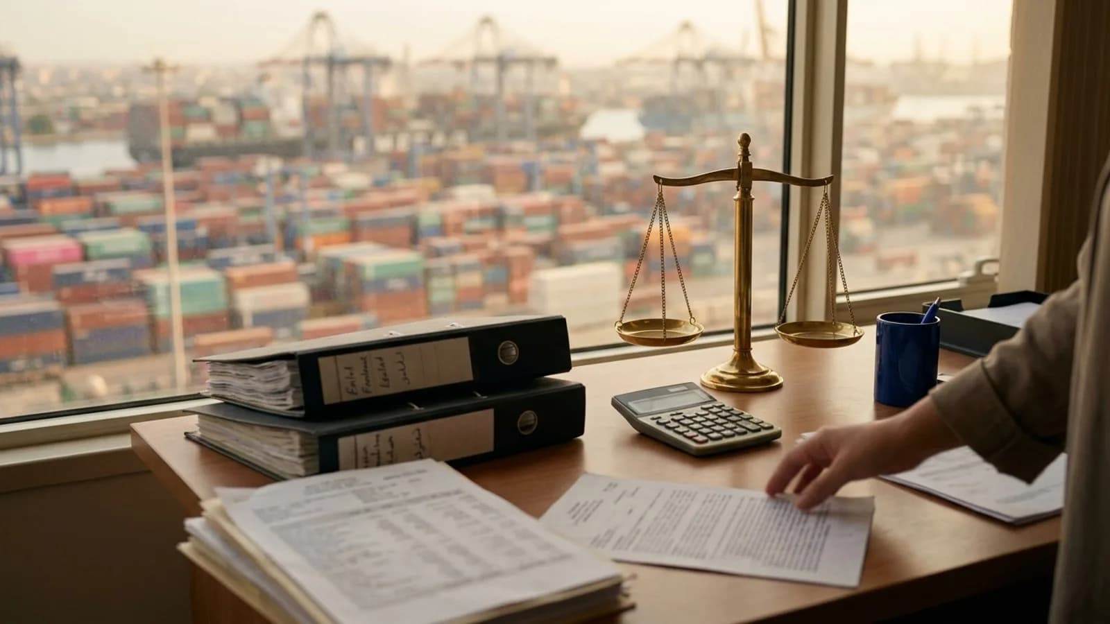 Binders, a brass balance scale and a calculator on a desk overlooking a container port