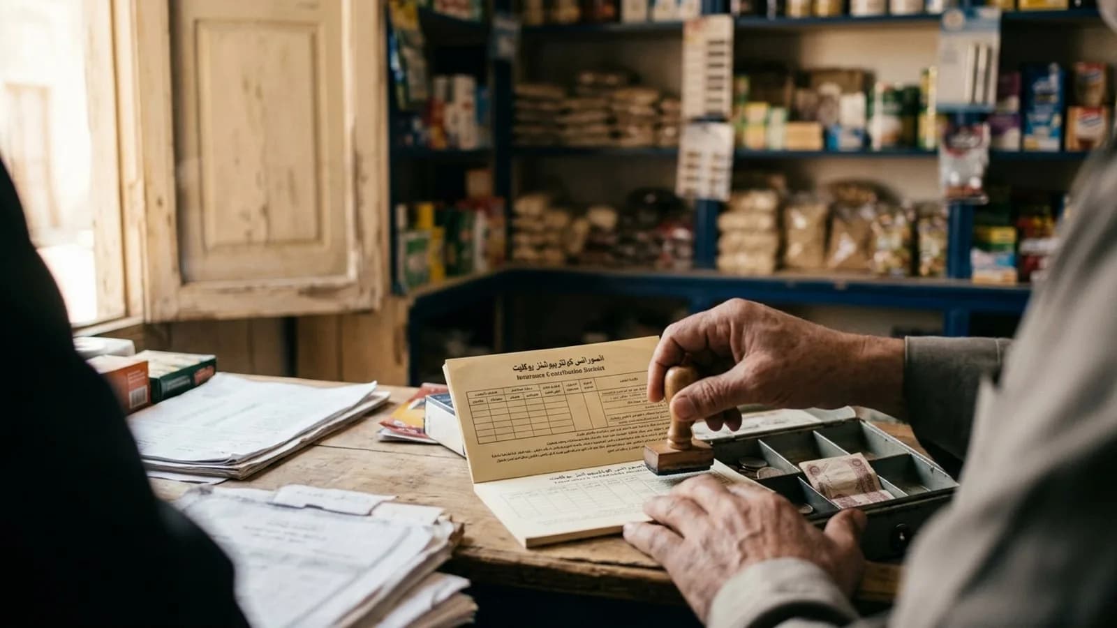صاحب محل يختم دفتر اشتراكات تأمينية عند الطاولة