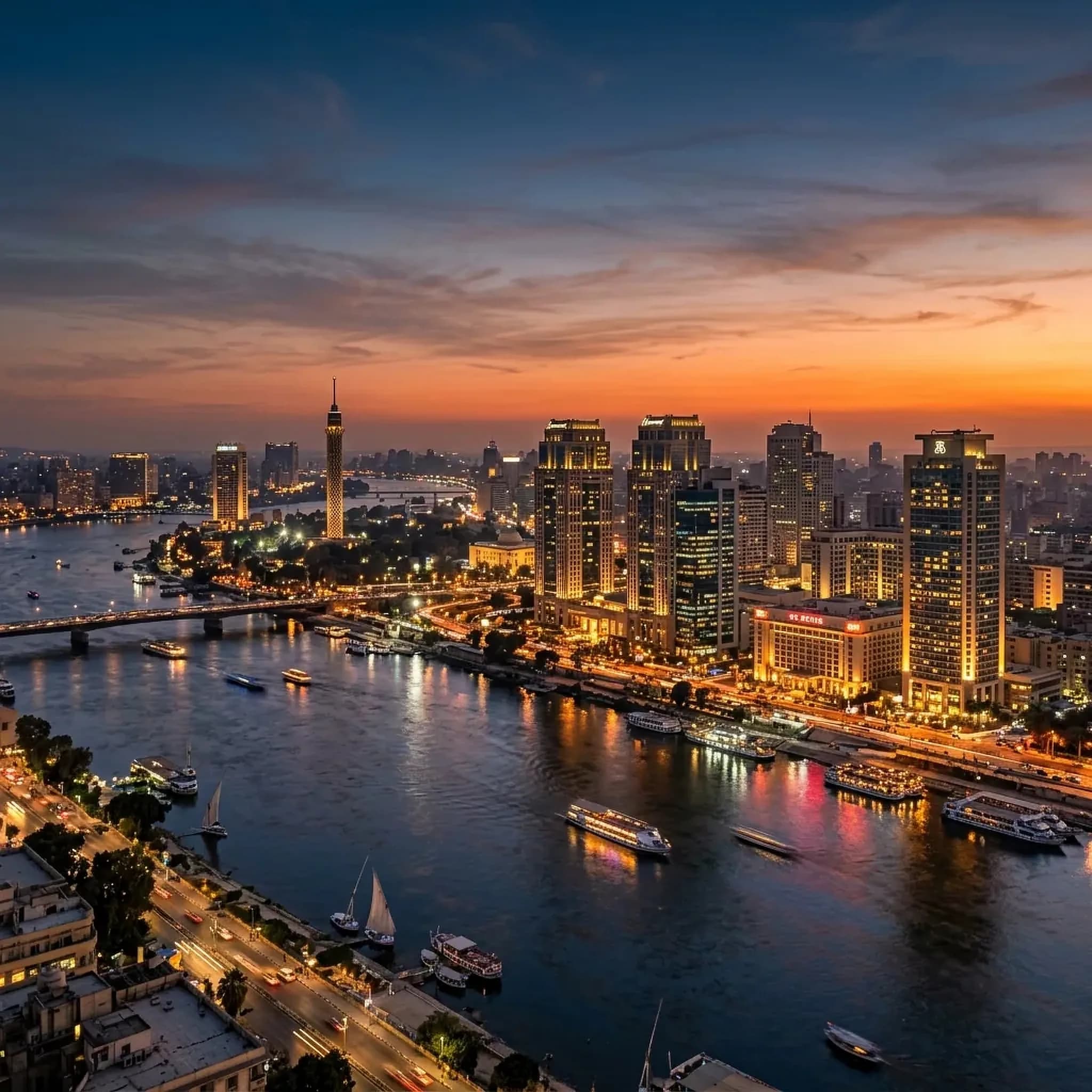The Cairo skyline at dusk, looking along the Nile past the Cairo Tower