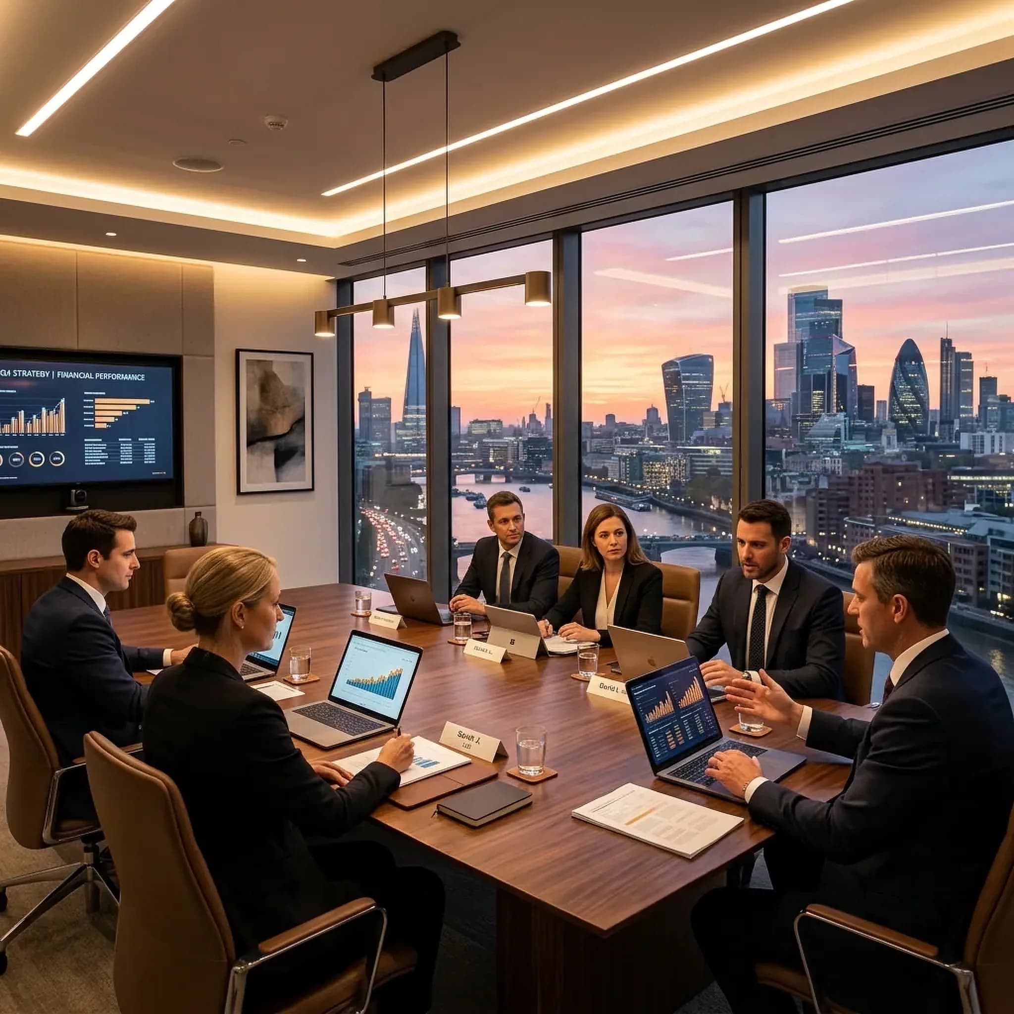 A corporate boardroom during a meeting